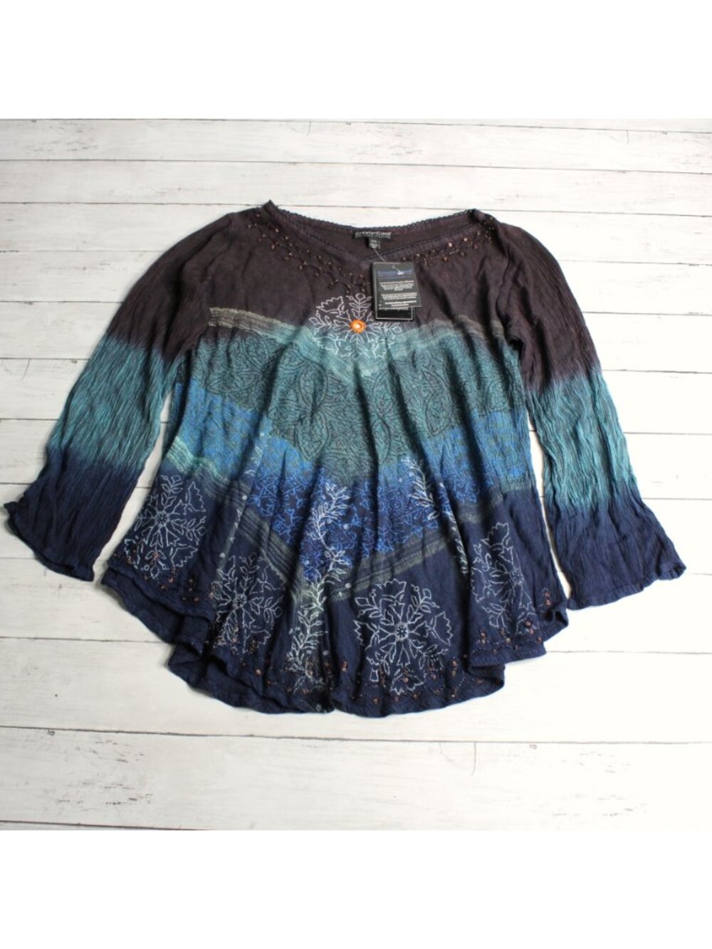 Greater Good Women's Bohemian Tunic Top Size S M Beaded Tie Dye 3/4 Sleeve - Picture 2 of 5